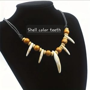 2pc Tribal Style Beaded Necklace With Wolf Tooth For Men Women